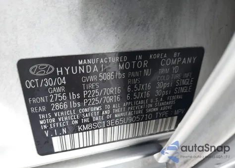 2005 Hyundai Santa Fe Gls/Lx из США, поврежденный, VIN KM8SC13E65U905710